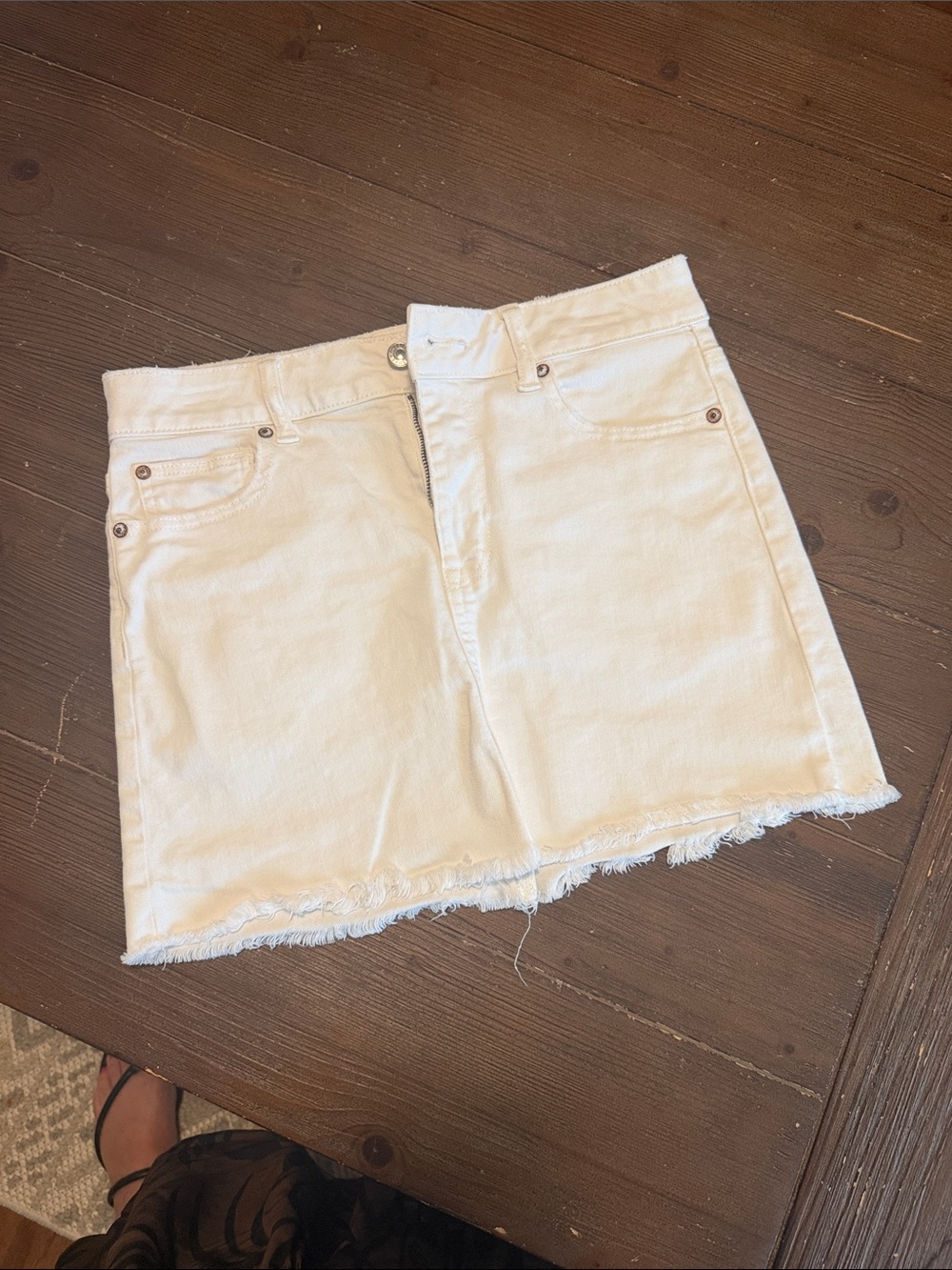 American Eagle Outfitters White Denim Mini Skirt with Frayed Hem